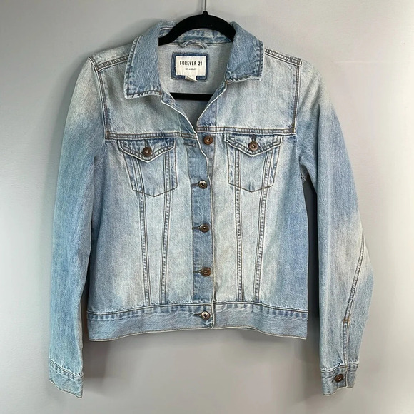 FOREVER 21 Blue Light Wash Denim Jean Jacket Cotton Trucker Cropped Western S - Picture 11 of 11